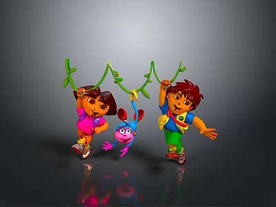 Cartoon Boy Swinging On Green Vines With Kids And Animal In Dark Gradient Background 3d model