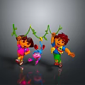 Cartoon Boy Swinging On Green Vines With Kids And Animal In Dark Gradient Background