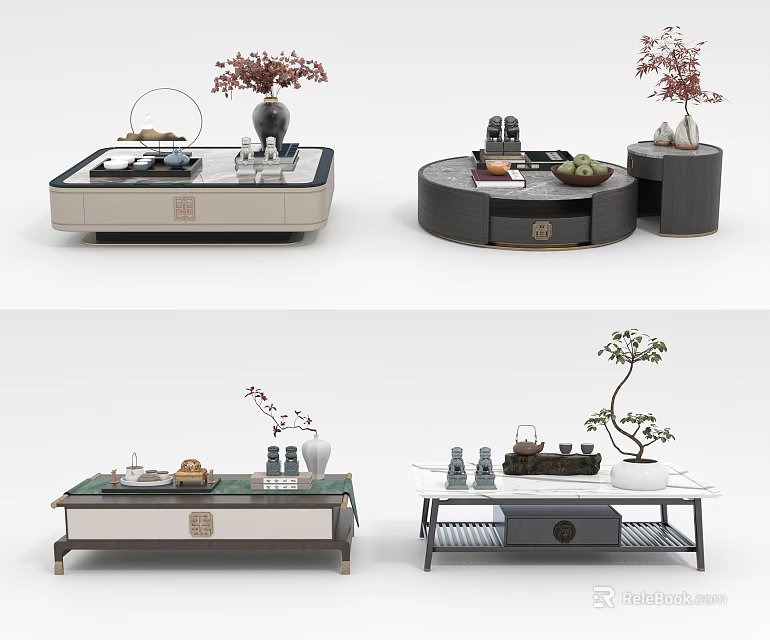 Modern Coffee Tables With Different Styles And Decorative Elements Like Vases Tea Sets And Plants 3d model