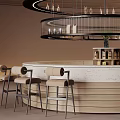 Modern Sales Office Interior With Circular Chandelier Bar Counter High Stools And Display Shelves