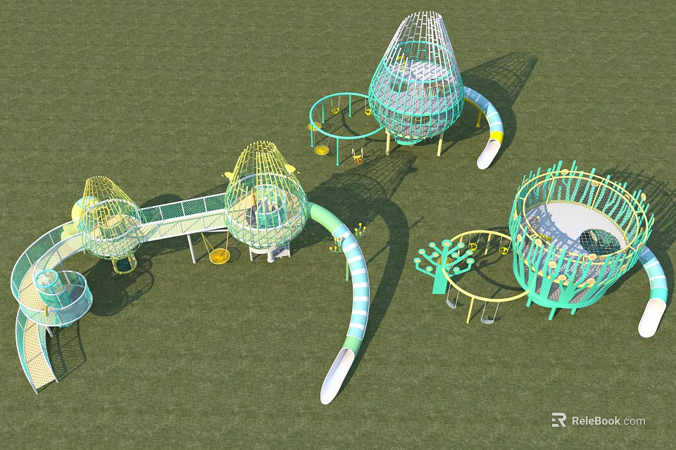 Outdoor Playground Equipment With Green Netted Cage Structures Curved Slides And Circular Play Areas 3d model 