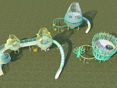 Outdoor Playground Equipment With Green Netted Cage Structures Curved Slides And Circular Play Areas 3d model