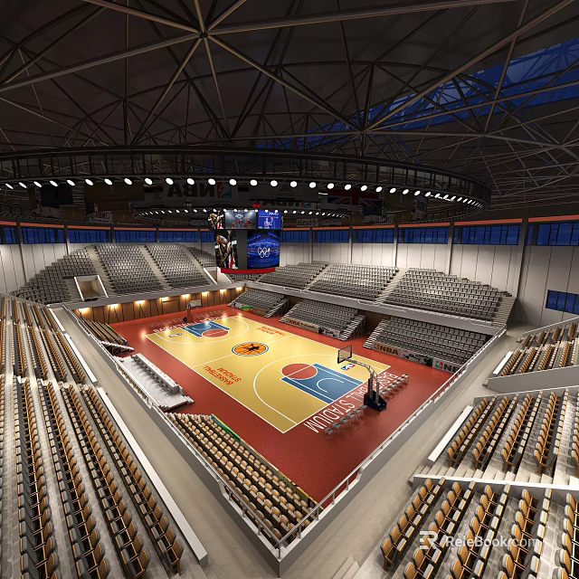 Spacious Basketball Arena Interior With Wooden Court Rows of Seats and Overhead Lighting 3d model 