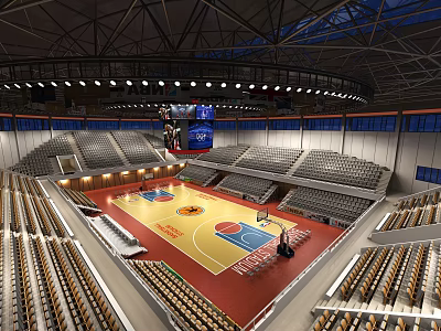 Spacious Basketball Arena Interior With Wooden Court Rows of Seats and Overhead Lighting 3d model