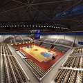 Spacious Basketball Arena Interior With Wooden Court Rows of Seats and Overhead Lighting
