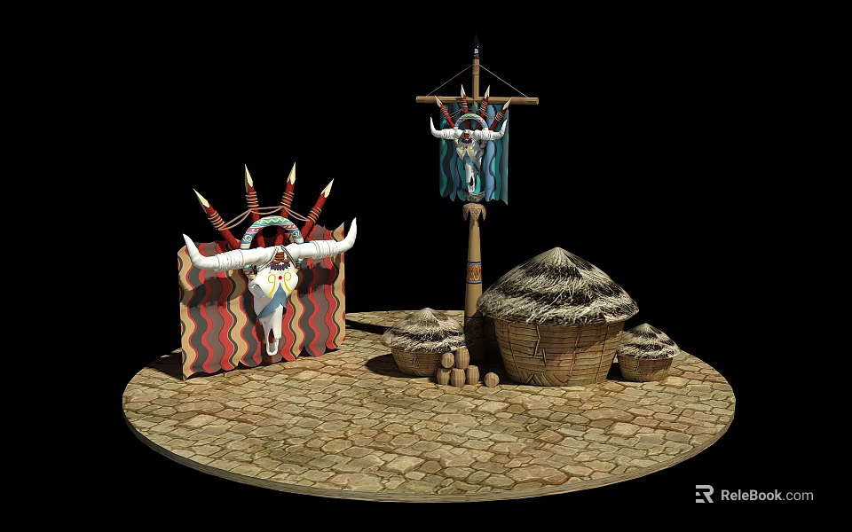 Traditional Village Scene With Thatched Hut Woven Baskets Stone Ground And Horn Decorations 3d model 
