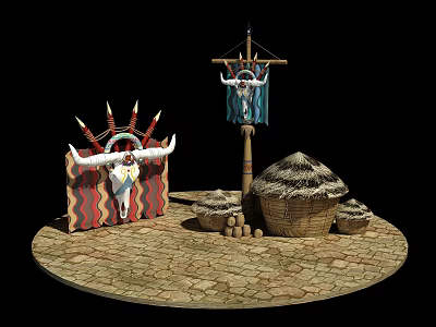 Traditional Village Scene With Thatched Hut Woven Baskets Stone Ground And Horn Decorations 3d model