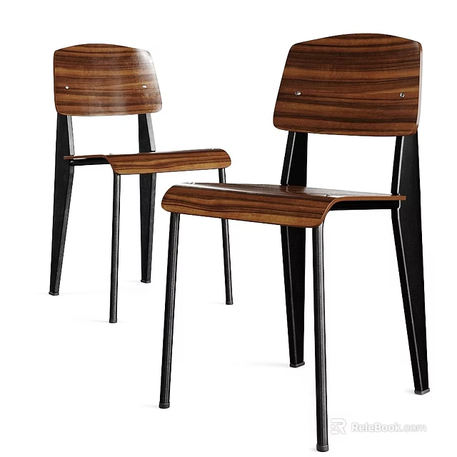 Modern Single Chair Featuring Wooden Seat Backrest And Black Metal Legs Design 3d model 