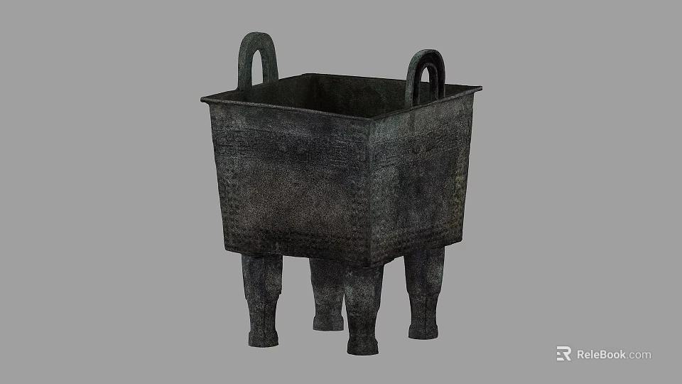 Ancient Chinese Bronze Square Ding With Four Legs And Intricate Patterns 3d model 