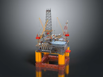 Offshore Oil Drilling Platform With Tall Rig Cranes And Yellow Pillars 3d model