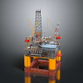 Offshore Oil Drilling Platform With Tall Rig Cranes And Yellow Pillars