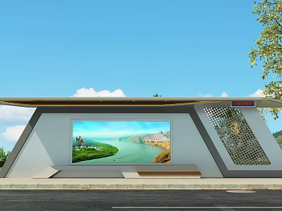 Contemporary Bus Stop Shelter With Large Scenic Screen And Surrounding Trees 3d model