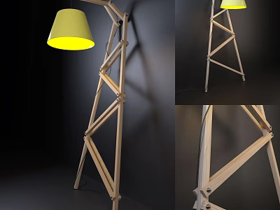 Modern Wooden Floor Lamp With Yellow Lampshade And Unique Frame Structure 3d model