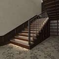 Elegant Wooden Staircase With Metal Railings And Lit Steps In Classic Interior Design