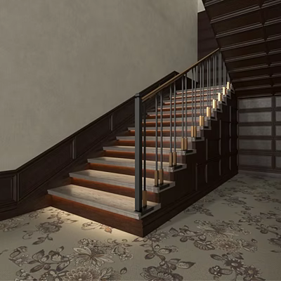 Elegant Wooden Staircase With Metal Railings And Lit Steps In Classic Interior Design 3d model