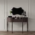Dark Wood Dressing Table With Mirror Vase Flowers Cosmetics And Decorative Statue Against White Walls