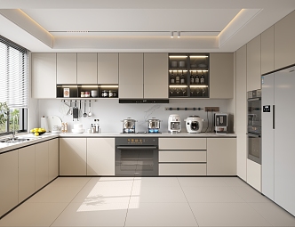 Modern Kitchen Cream Enclosed Kitchen Custom Cabinet Kitchen Supplies Refrigerator Dishwasher Oven 3d model