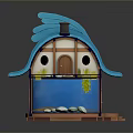 Cartoon Style House With Blue Wave Roof White Walls Brown Door And Small Pool With Plants