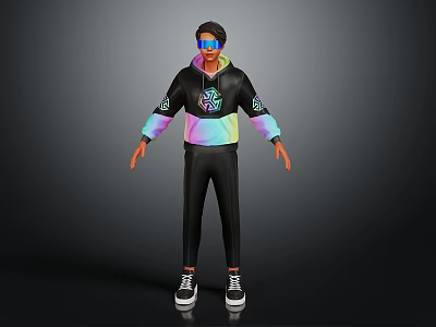 Character in Black Hoodie and Pants with Colorful Creature Art Reflective Glasses and Black Shoes 3d model