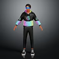 Character in Black Hoodie and Pants with Colorful Creature Art Reflective Glasses and Black Shoes