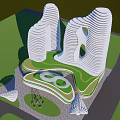 Modern Unique Commercial Complex With Wavy Facade Green Spaces And Circular Design Elements 3d model