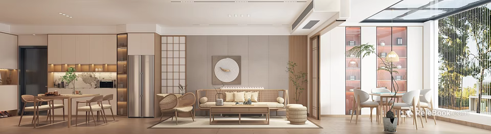 Japanese Style Living Dining Room Interior Design With Shoji Screen Circular Wall Art And Rattan Chairs 3d model 