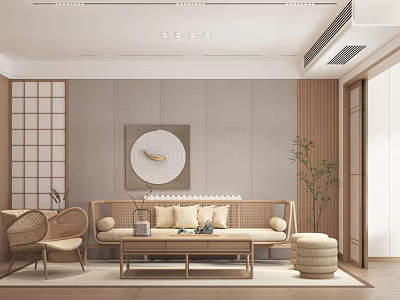 Japanese Style Living Dining Room Interior Design With Shoji Screen Circular Wall Art And Rattan Chairs 3d model