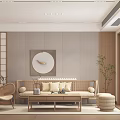 Japanese Style Living Dining Room Interior Design With Shoji Screen Circular Wall Art And Rattan Chairs