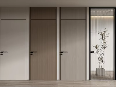 Modern Multiple White Brown Light Gray Hinged Doors In Interior With Glass Panel And Plant 3d model