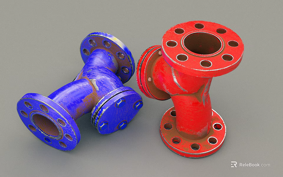 Heavy Duty Industrial Equipment Blue And Red Flange Fittings For Pipe Connection 3d model 