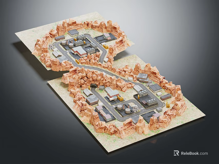 Cartoon Scene 3D Model Town Layout With Rocky Borders Roads And Buildings 3d model 