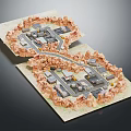 Cartoon Scene 3D Model Town Layout With Rocky Borders Roads And Buildings