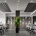 Modern Public Office Space With Desks Office Chairs Central Plant Striped Ceiling Linear Pendant Lights