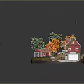 Red House With Red Roof Green Orange Trees Small Outbuilding Grass Path Flag On Roof