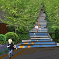 Scenic Urban Garden Landscape with Stone Steps Lush Trees Green Shrubs and Orange Pathway