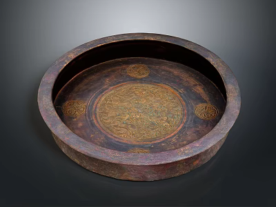 Antique Copper Round Tray With Intricate Sculpture Carving And Central Pattern 3d model