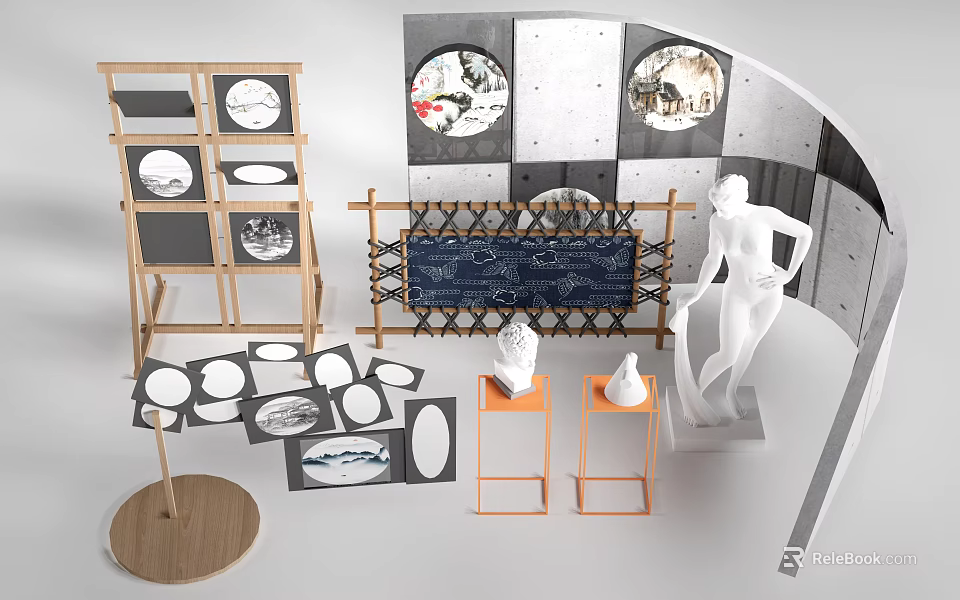Wooden Display Shelves Featuring Circular Boards White Sculptures Decorative Artworks And Modern Setup 3d model 