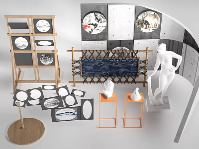 Wooden Display Shelves Featuring Circular Boards White Sculptures Decorative Artworks And Modern Setup 3d model