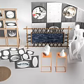 Wooden Display Shelves Featuring Circular Boards White Sculptures Decorative Artworks And Modern Setup