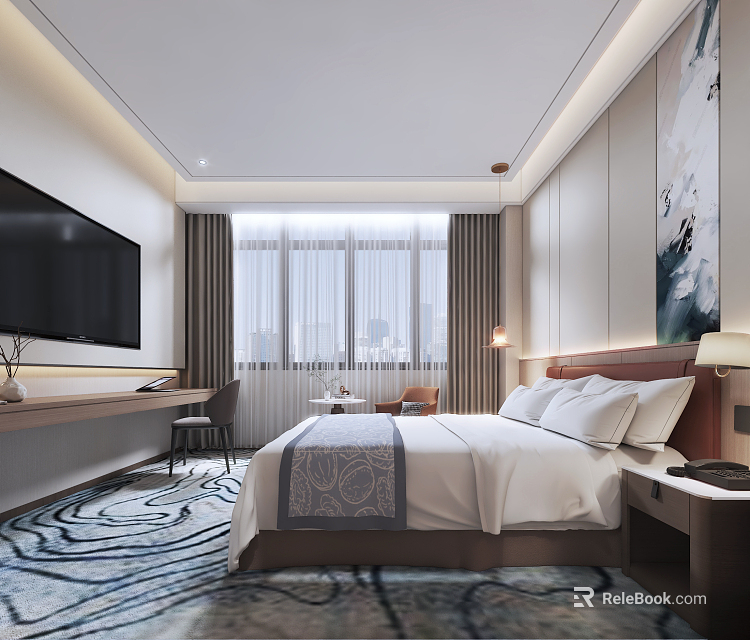 Modern Hotel Guest Room Interior with Large Bed TV Window Desk and Decorative Rug 3d model 