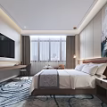 Modern Hotel Guest Room Interior with Large Bed TV Window Desk and Decorative Rug