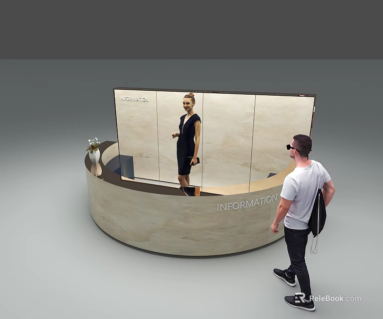 Modern Information Desk With Staff Model And Visitor Approaching Reception Area 3d model 