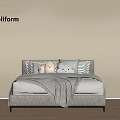 Modern Gray Kids Bed with Stuffed Toys Striped Cushions Beige Wall and Wooden Floor