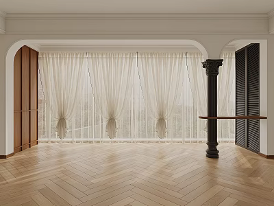 Elegant Cream Curtains in Modern Interior with Herringbone Floors and Arch Columns 3d model