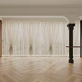 Elegant Cream Curtains in Modern Interior with Herringbone Floors and Arch Columns