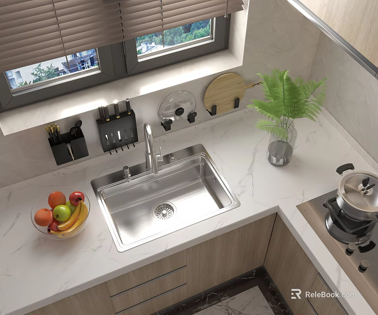 Stainless Steel Kitchen Sink On White Marble Countertop With Fruits And Green Plant 3d model 