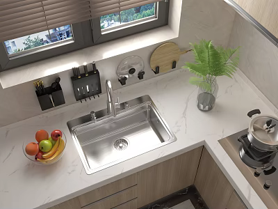 Stainless Steel Kitchen Sink On White Marble Countertop With Fruits And Green Plant 3d model