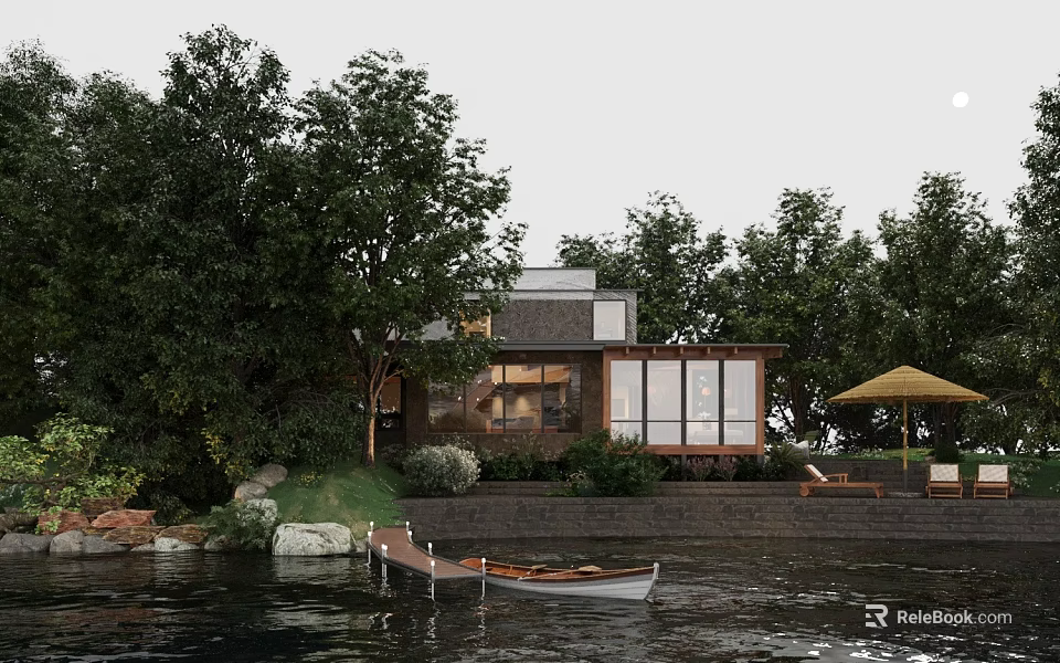 Scenic Waterfront Detached Villa Surrounded by Trees with Boat and Lounge Chairs 3d model 
