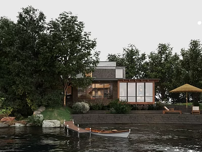 Scenic Waterfront Detached Villa Surrounded by Trees with Boat and Lounge Chairs 3d model