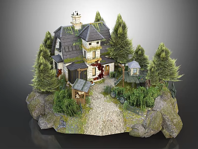 Cartoon Scene With Cozy Cottage Pine Trees Rocky Ground And Gravel Path 3d model